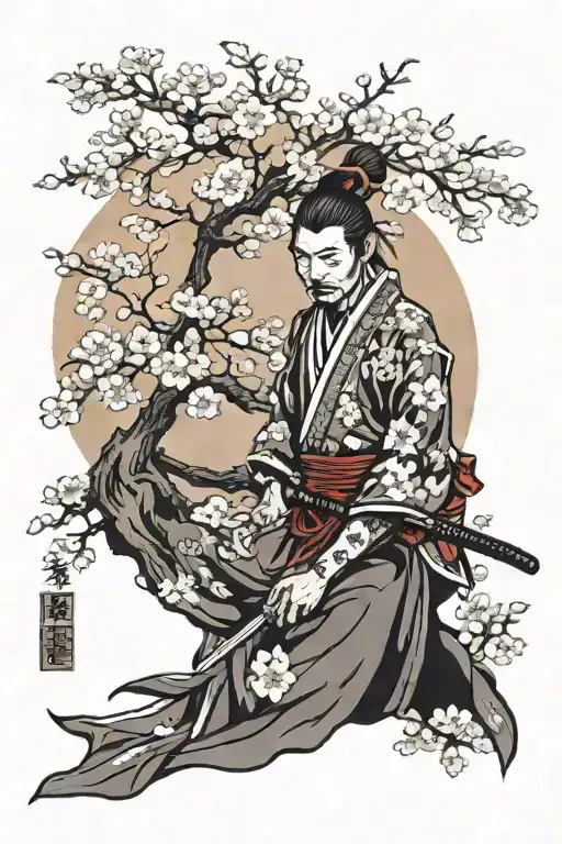 samurai and cherry blossom tree tattoo design idea