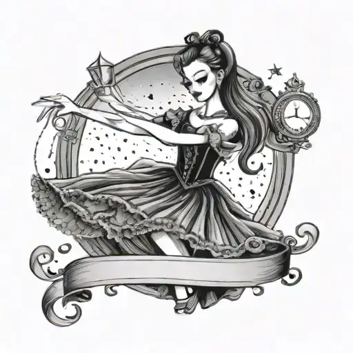 A black and grey tattoo of a gothic ballerina dancing with a cat on a stage under a starlit sky tattoo design idea