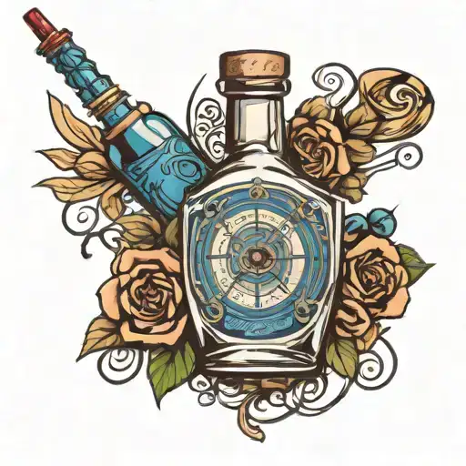 dart hitting a bullseye, shaker, gin bottle labled bombay saphire, rose, clow,  tattoo design idea