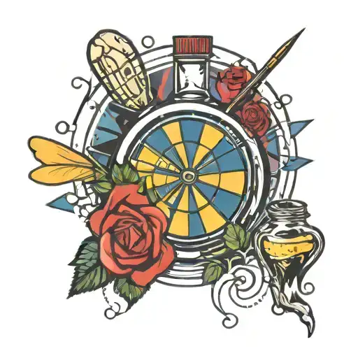 dart hitting a bullseye, shaker, gin bottle labled bombay saphire, rose, clow,  tattoo design idea