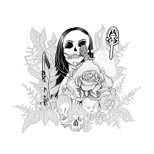 A gothic maid holding a crochet hook, surrounded by plants and skulls tattoo design idea