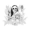 A gothic maid holding a crochet hook, surrounded by plants and skulls tattoo design idea