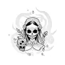 A gothic maid holding a crochet hook, surrounded by plants and skulls tattoo design idea