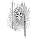 A gothic maid holding a crochet hook, surrounded by plants and skulls tattoo design idea