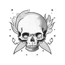 A gothic maid holding a crochet hook, surrounded by plants and skulls tattoo design idea