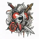 broken heart with bandages rapped around it and sword stabbed into the top of it  tattoo design idea