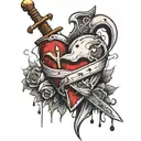 broken heart with bandages rapped around it and sword stabbed into the top of it  tattoo design idea