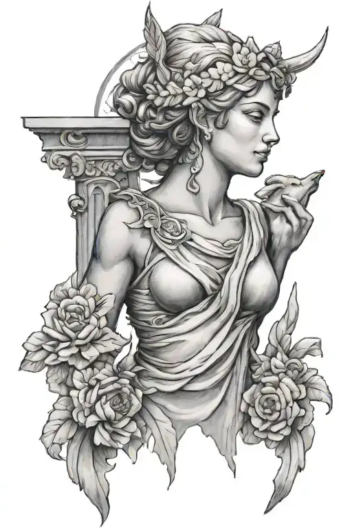 artemis, greek, pillar broken tattoo design idea