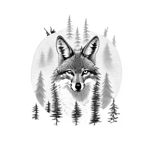 trees and coyote tattoo design idea