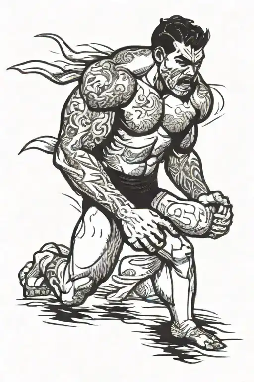 male wrestler standing, black wrestling trunks, white wrestling bandeges on wrists, hairy chest, angry tense face tattoo design idea