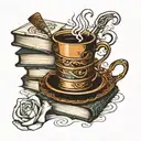 Stack of books with coffee mug tattoo design idea