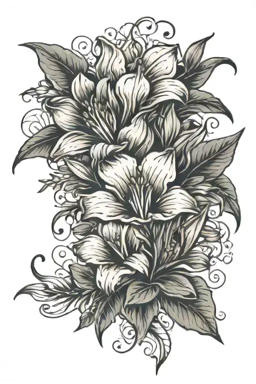 A tulip, hibiscus and lily blooming tattoo design idea