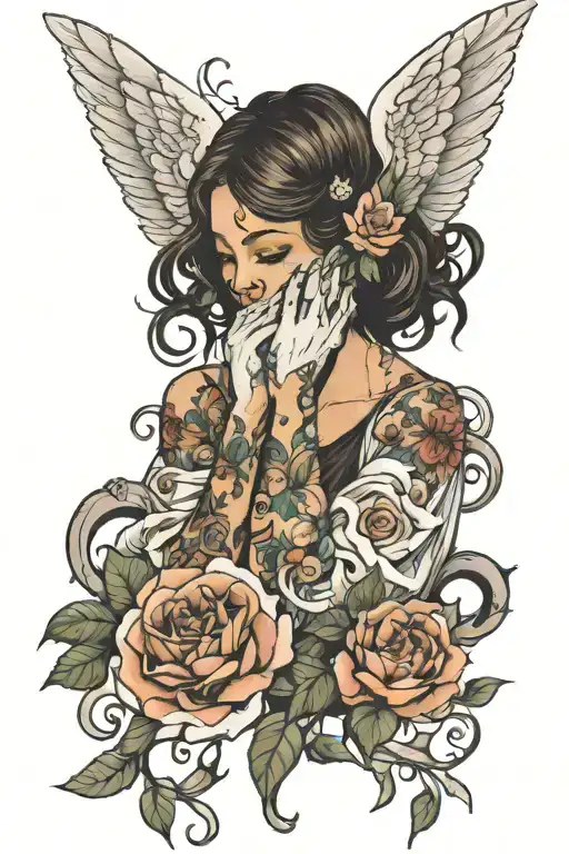 angel covering her face with 2 corinthians 5:7  tattoo design idea
