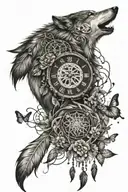 wolf dreamcatcher with butterflies clock mechanism intertwined  tattoo design idea