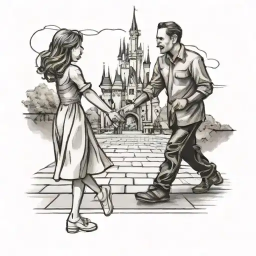 father and daughter holding hands like walt disney statue in front of disneyland castle tattoo design idea