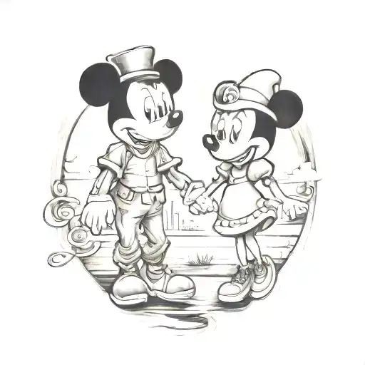 father and daughter in the style of Walt and mickey mouse holding hands tattoo design idea