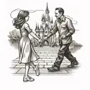 father and daughter holding hands like walt disney statue in front of disneyland castle tattoo design idea