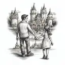 father and daughter holding hands like walt disney statue in front of disneyland castle tattoo design idea