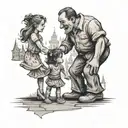 father and daughter holding hands like walt disney statue in front of disneyland castle tattoo design idea