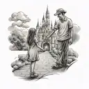 father and daughter holding hands like walt disney statue in front of disneyland castle tattoo design idea