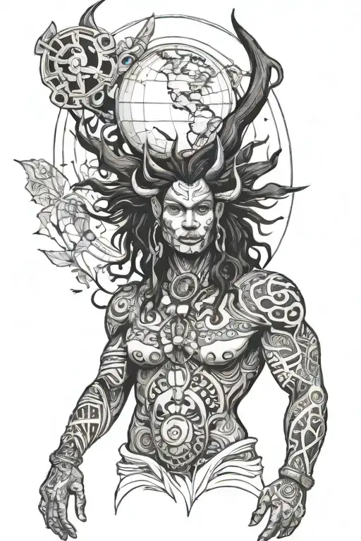 world atlas indigenous Woman demonic man tattoo design idea