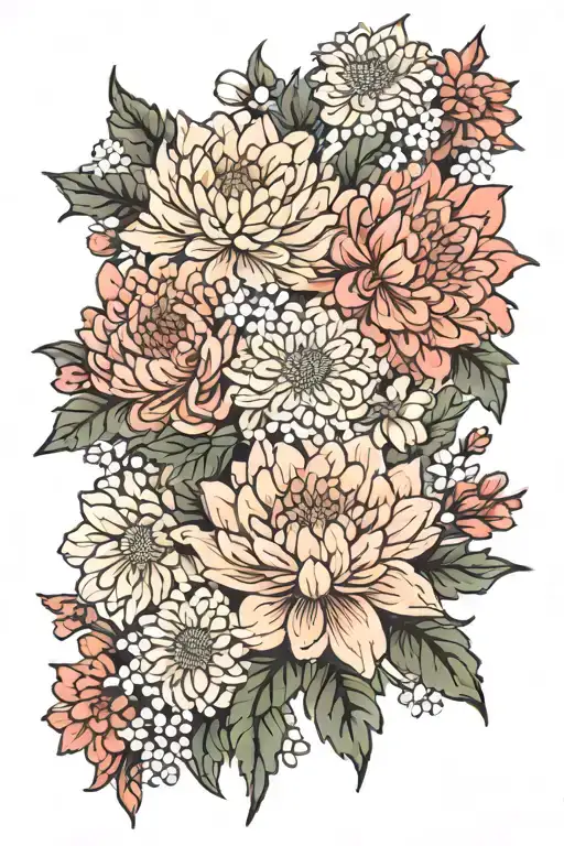 chrysanthemums and carnation and aster flowers tattoo design idea