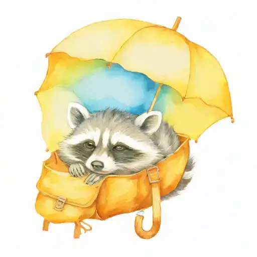 Raccoon sleeping in a satchel underneath an umbrella tattoo design idea