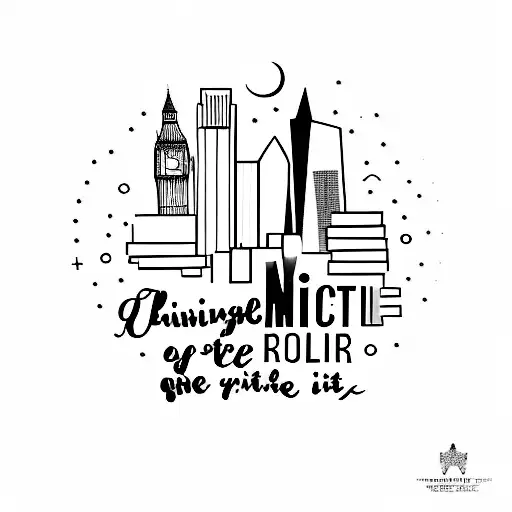 A minimalist tattoo of a sparkling London skyline with Taylor Swift's lyrics incorporated, symbolizing the client's love for both the city and her music tattoo design idea