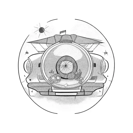 An abstract representation of a planet caravan with a camera lens as the centerpiece tattoo design idea