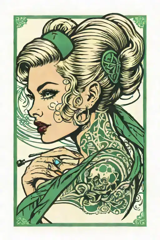 tattooed blonde pinup with green streak in hair welding tattoo design idea