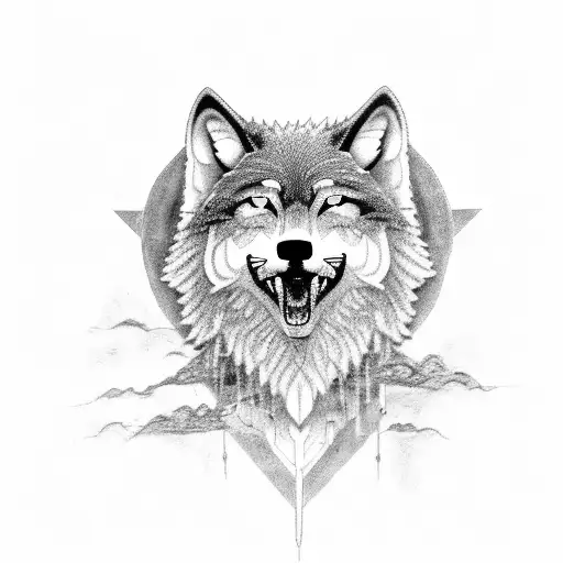 A black-grey tattoo of a wolf howling at a Chevy truck, symbolizing the hard work and determination tattoo design idea