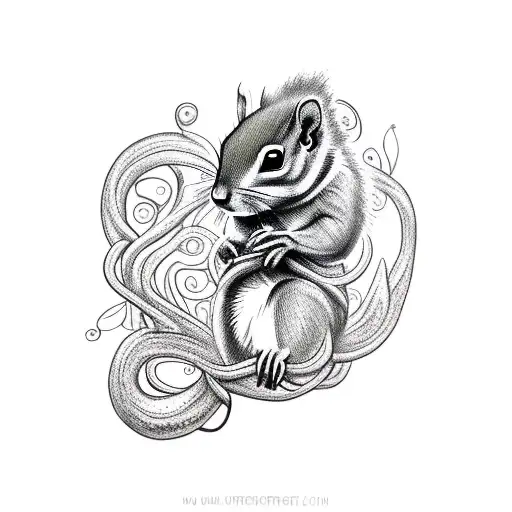 A black, fine-line tattoo on the upper arm of a realistic, cute baby squirrel with artistic vines wrapped around the arm tattoo design idea
