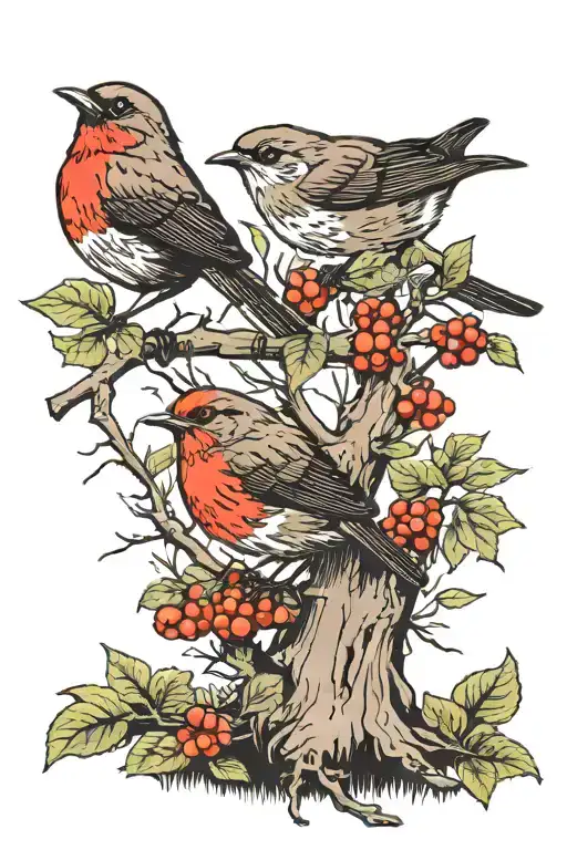 robins on branch and forrest animals quarter sleeve tattoo tattoo design idea
