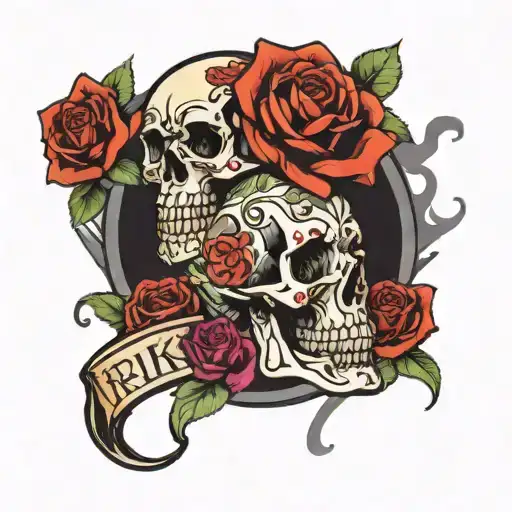 RIKU name with skull and roses blooming tattoo design idea