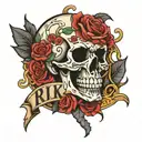 RIKU name with skull and roses blooming tattoo design idea