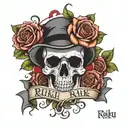 RIKU name with skull and roses blooming tattoo design idea