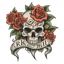 RIKU name with skull and roses blooming tattoo design idea