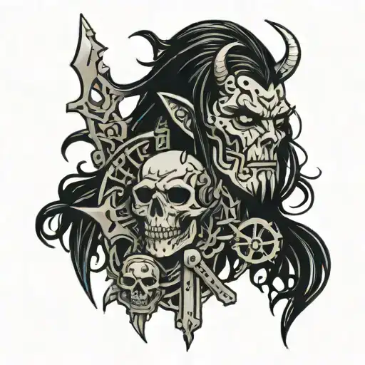 For a sleeve tattoo in the style of Ormagoden, the apocalyptic metal god from the game "Brutal Legend", here is one tattoo design idea