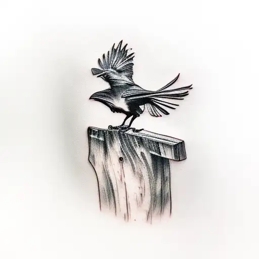 A realistic depiction of a raven perched on a wooden sculpture tattoo design idea