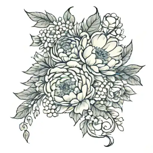 a cascading bouquet of peonies, succulents, ranunculus, and daisies trailing and curving tattoo design idea
