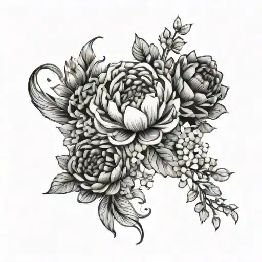 a cascading bouquet of peonies, succulents, ranunculus, and daisies trailing and curving tattoo design idea