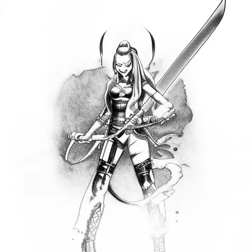 leg sleeve including Katana, Storm, Medusa, Harley Quinn tattoo design idea