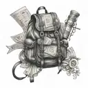 A student's backpack filled with music sheets and money bags, symbolizing the balance between education and passion tattoo design idea