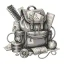 A student's backpack filled with music sheets and money bags, symbolizing the balance between education and passion tattoo design idea