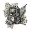 A student's backpack filled with music sheets and money bags, symbolizing the balance between education and passion tattoo design idea