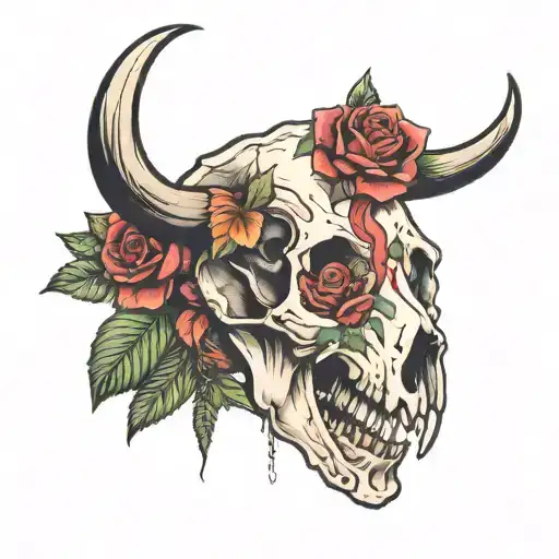 buffalo skull with roses tattoo design idea