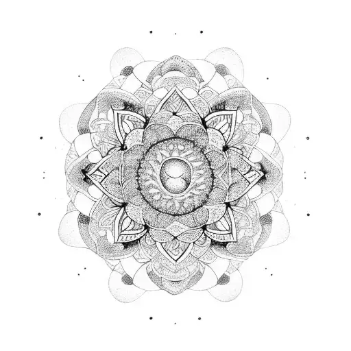 A dotwork mandala with symbols of Umbanda incorporated into the design, representing the client's spiritual connection tattoo design idea
