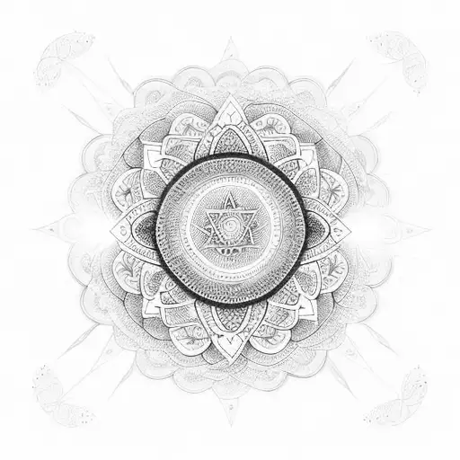 A dotwork mandala with symbols of Umbanda incorporated into the design, representing the client's spiritual connection tattoo design idea