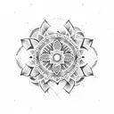 A dotwork mandala with symbols of Umbanda incorporated into the design, representing the client's spiritual connection tattoo design idea