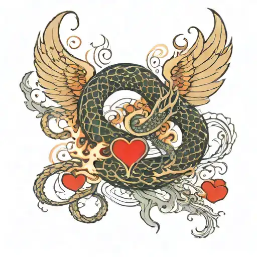 An intricate design of a serpent with wings made of fire and a heart-shaped devil tail, combining the client's favorite elements in a unique way tattoo design idea